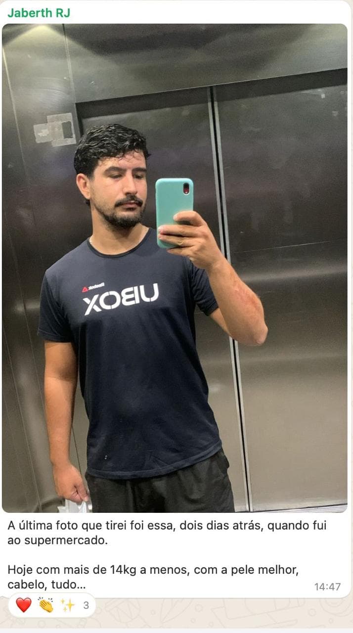 Relato no WhatsApp: mais de 14kg a menos, pele e cabelo melhores