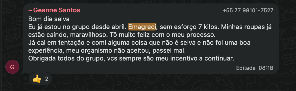 Relato no WhatsApp: 7 quilos a menos sem esforço