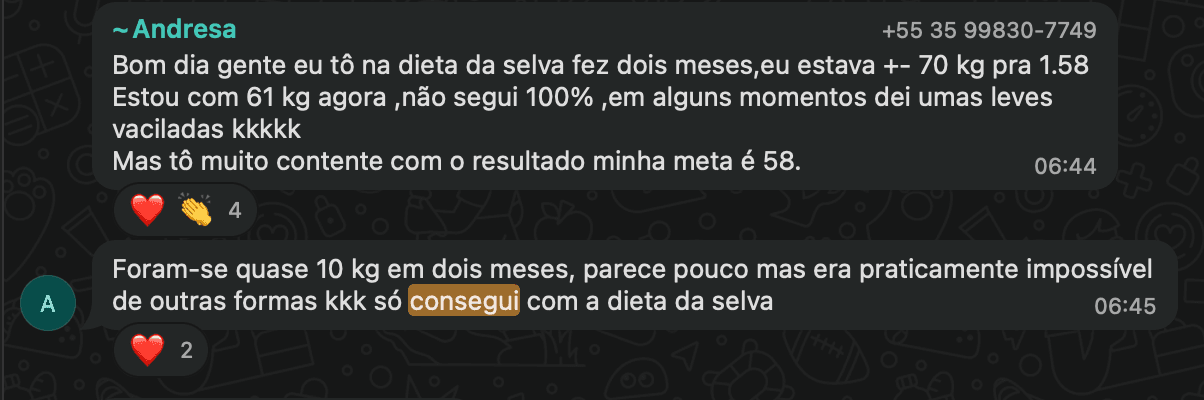 Relato no WhatsApp: quase 10kg em dois meses